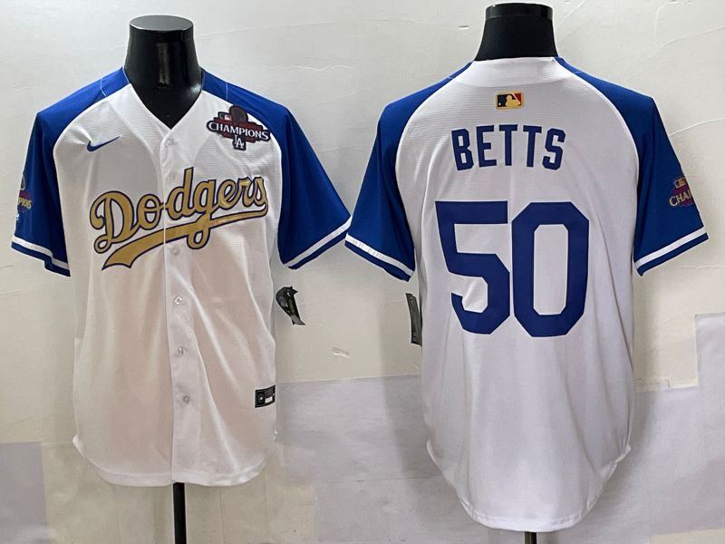 Men Los Angeles Dodgers #50 Betts White Blue Champion gold character Nike 2025 MLB Jersey style 5056